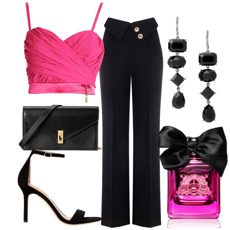 Outfit donna - Serata. Stile Chic per Serata fuori. Abbinamento con profumi, pantaloni a palazzo, top, orecchini, clutch, sandali col tacco.