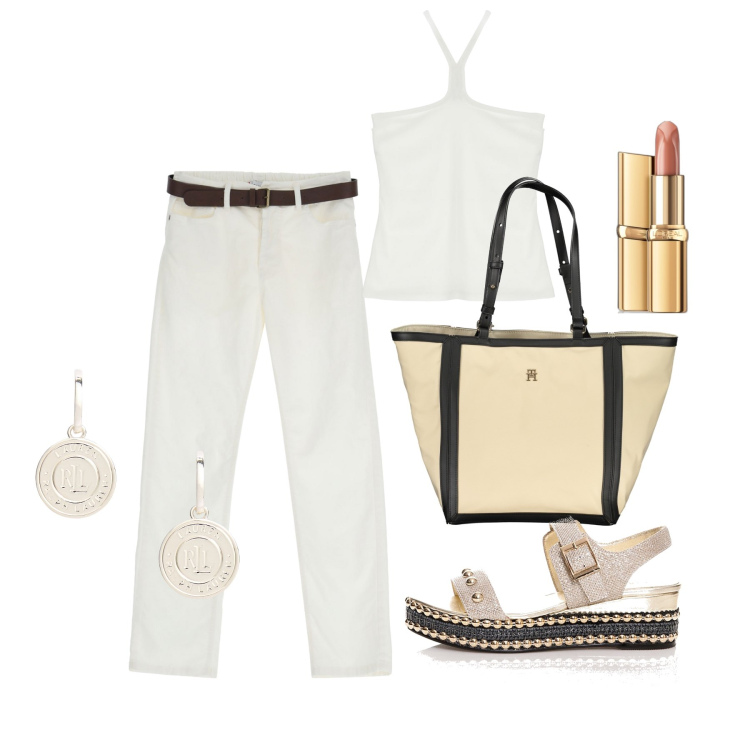 Outfit donna - Ghost outfitter - giugno. Stile Casual chic per Tutti i giorni. Abbinamento con rossetti, sandali, pantaloni, top, orecchini, borse a spalla.