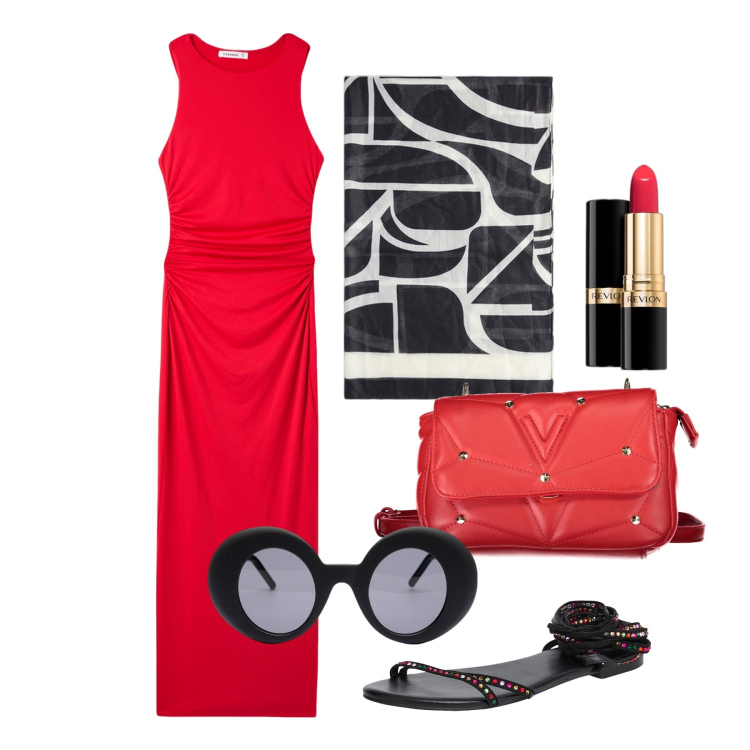 Outfit donna - Ghost outfitter - giugno. Stile Glamour per Tutti i giorni. Abbinamento con rossetti, sandali alla schiava, vestiti lunghi, borse a tracolla, occhiali da sole, foulard.