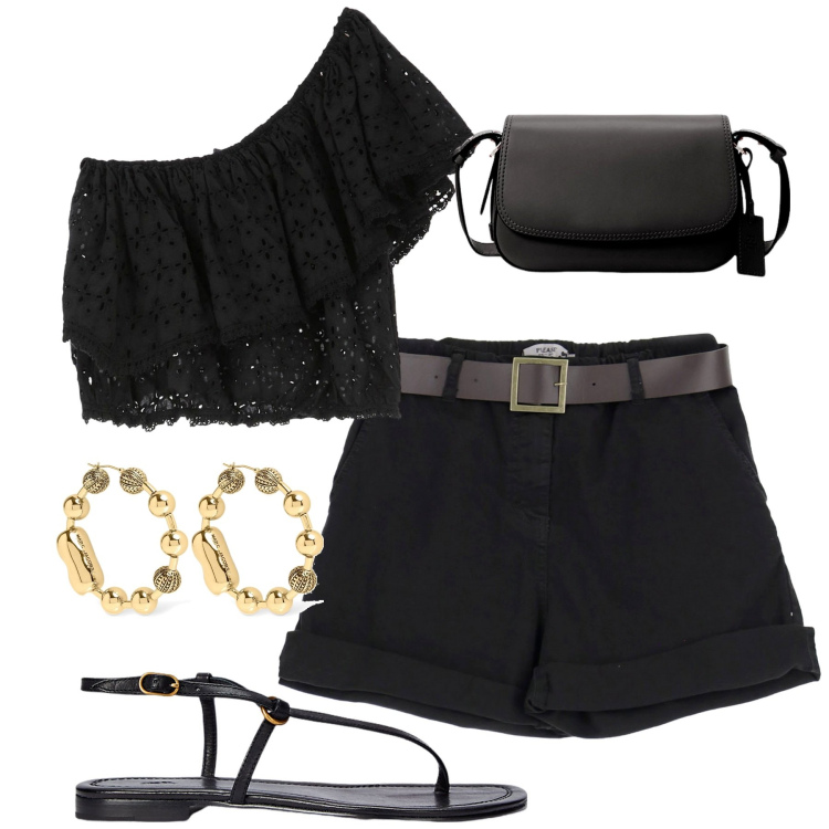 Outfit donna - Total look #1903278. Stile Trendy per Tutti i giorni. Abbinamento con shorts, top, sandali in pelle, borse a spalla, orecchini.