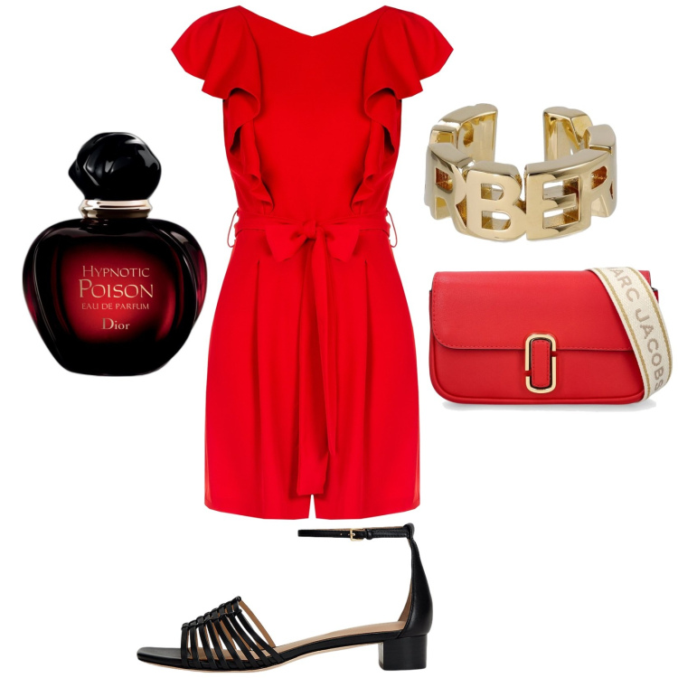 Outfit donna - Serata relax tra amiche. Stile Chic per Serata fuori. Abbinamento con profumi, tuta corta, sandali in pelle, borse a spalla, orecchini.