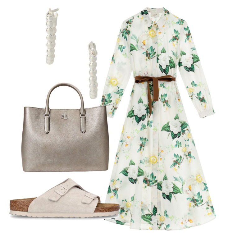 Outfit donna - Fleurs. Stile Romantica per Tutti i giorni. Abbinamento con orecchini, borse a mano, vestiti lunghi, sandali.