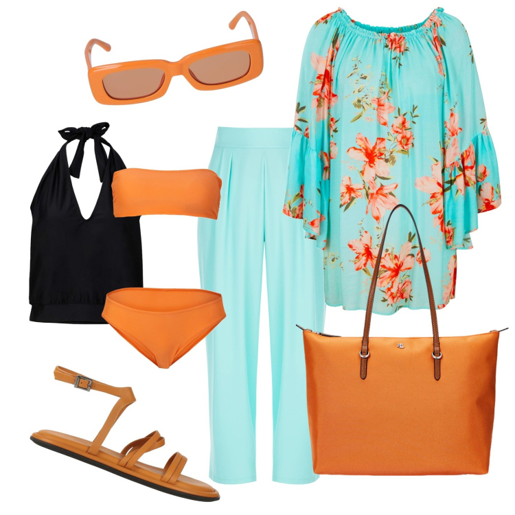Outfit donna - Sun in the sea city. Stile Casual chic per Mare. Abbinamento con vestiti da spiaggia, costumi interi, sandali in pelle, pantaloni a palazzo, borse tote, occhiali da sole.