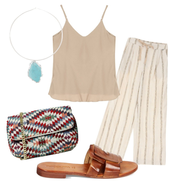 Outfit donna - Dixie collezione estiva. Stile Trendy per Tutti i giorni. Abbinamento con pantaloni, pochette, canottiere, ciondoli, sandali.