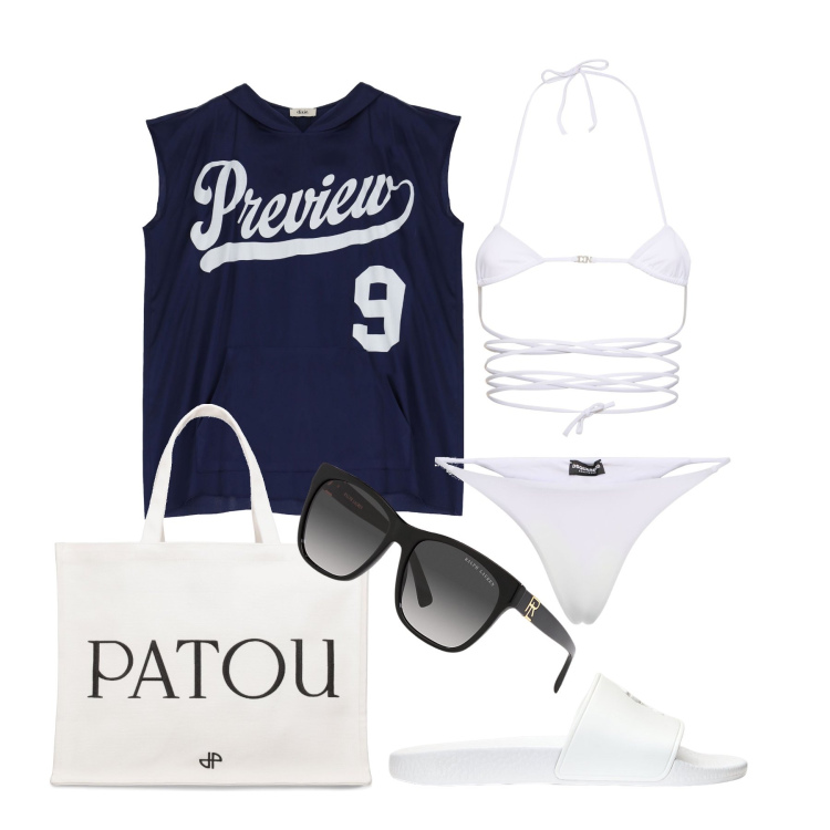Outfit donna - Ghost outfitter - giugno. Stile Sporty chic per Mare. Abbinamento con vestiti corti, occhiali da sole, ciabatte, bikini, shopping bag, bikini.