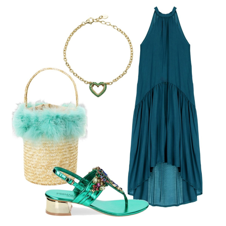 Outfit donna - Sere d\'estate - Dixie. Stile Glamour per Serata fuori. Abbinamento con braccialetti, vestiti lunghi, borse a secchiello, ciabatte.