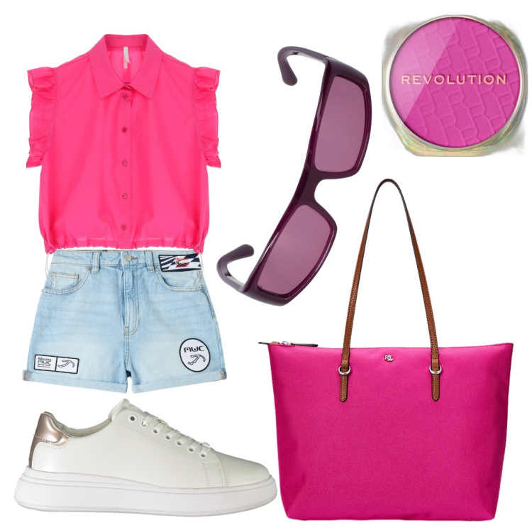 Outfit donna - Viva il colore in vacanza. Stile Casual chic per Mare. Abbinamento con blush, shorts, camicie a manica corta, borse tote, occhiali da sole, sneakers.