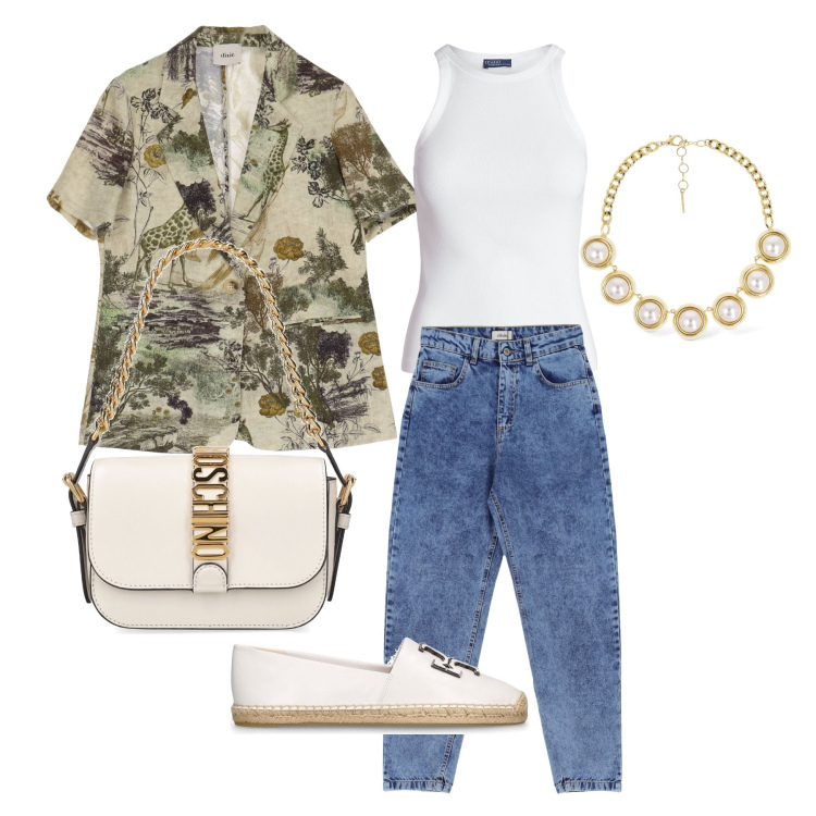 Outfit donna - Ghost outfitter - giugno. Stile Casual per Tutti i giorni. Abbinamento con canottiere, blazer, jeans slim fit, collane, espadrillas, borse a spalla.