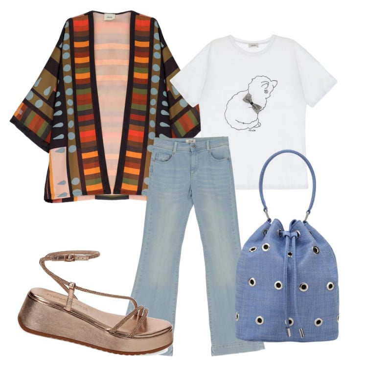 Outfit donna - Fantasia geometrica. Stile Casual chic per Tutti i giorni. Abbinamento con t-shirt, borse a secchiello, jeans, trench, zeppe.