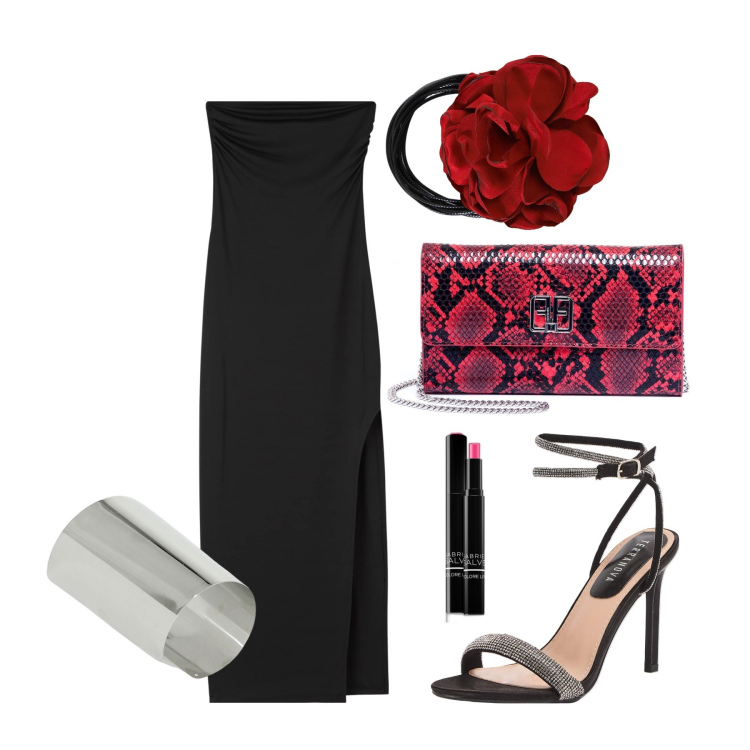 Outfit donna - Ghost outfitter - giugno. Stile Glamour per Serata fuori. Abbinamento con rossetti, vestiti lunghi, sandali col tacco, pochette, collane, braccialetti.