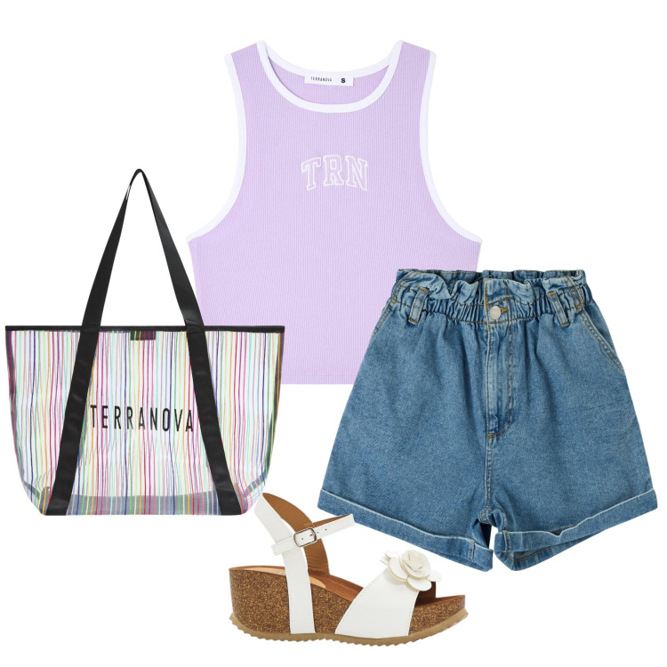 Outfit donna - Total look #1903344. Stile Minimal per Tutti i giorni. Abbinamento con sandali, canottiere, shopping bag, shorts.