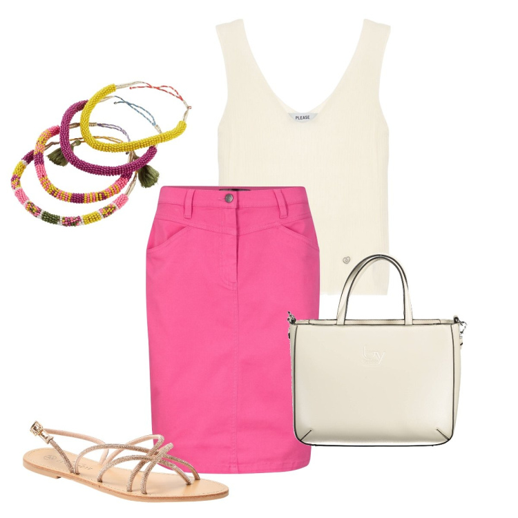 Outfit donna - I braccialetti estivi. Stile Casual chic per Tutti i giorni. Abbinamento con gonne, braccialetti, sandali, top, borse a spalla.