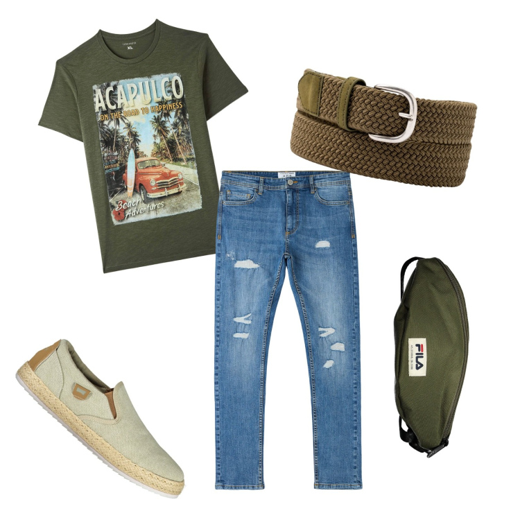 Outfit uomo - Total look #1903353. Abbinamento con cinture, t-shirt, jeans strappati, borse sportive, sneakers.