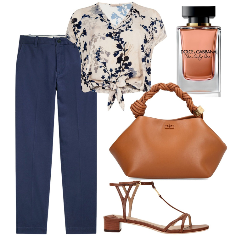 Outfit donna - Total look #1903354. Stile Bon Ton per Ufficio. Abbinamento con profumi, bluse, pantaloni chino, sandali in pelle, borse a mano.
