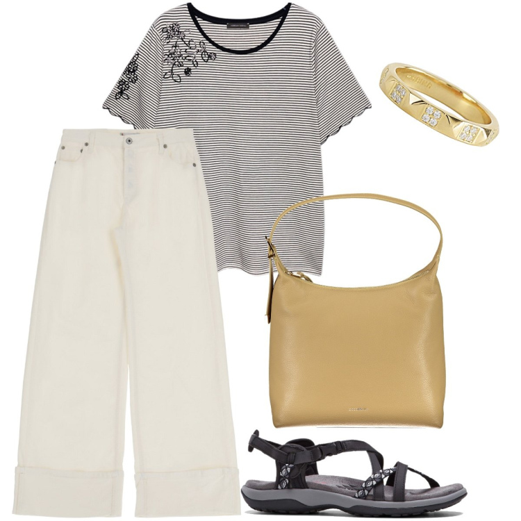 Outfit donna - Ricami sulle righe. Stile Trendy per Tutti i giorni. Abbinamento con sandali, anelli, pantaloni, t-shirt, borse a spalla.