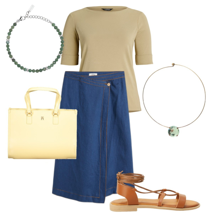 Outfit donna - La denim a portafoglio. Stile Casual chic per Ufficio. Abbinamento con gonne, braccialetti, ciondoli, sandali, top, borse a spalla.