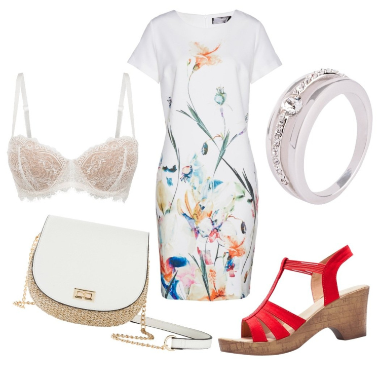 Outfit donna - Estate al lavoro. Stile Chic per Ufficio. Abbinamento con reggiseni a balconcino, anelli, vestiti a tubino, sandali, borse a tracolla.