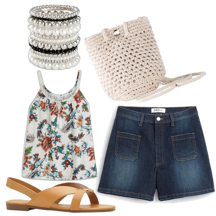 Outfit donna - Esco con le amiche. Stile Casual per Tutti i giorni. Abbinamento con top, sandali, braccialetti, shorts, borse a tracolla.