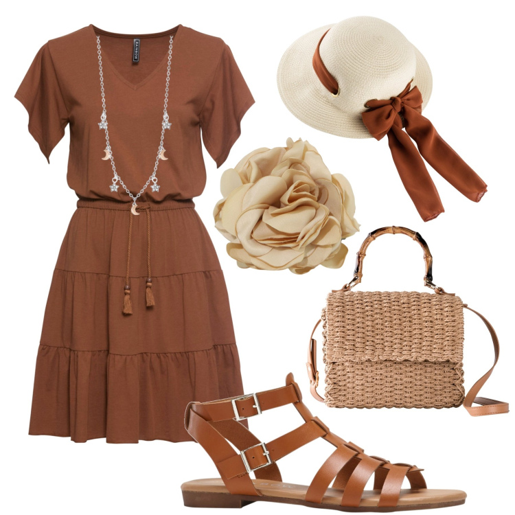 Outfit donna - Il cappellino con il fiocco in città. Stile Romantica per Tutti i giorni. Abbinamento con cappelli, vestiti, borse a mano, sandali, collane, braccialetti.