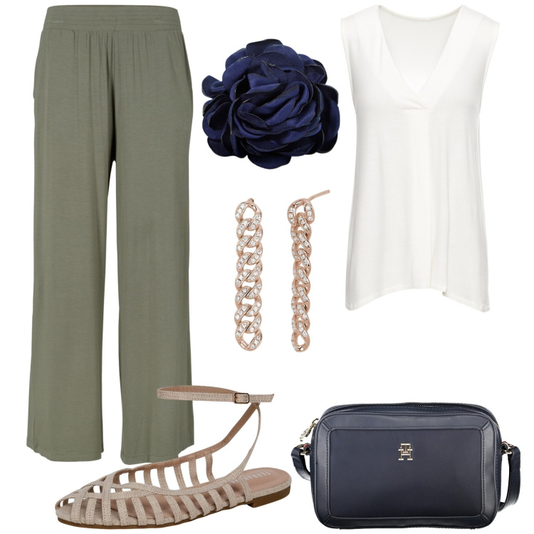 Outfit donna - Semplicemente estate. Stile Bon Ton per Tutti i giorni. Abbinamento con pantaloni, top, ballerine, orecchini, braccialetti, borse a tracolla.