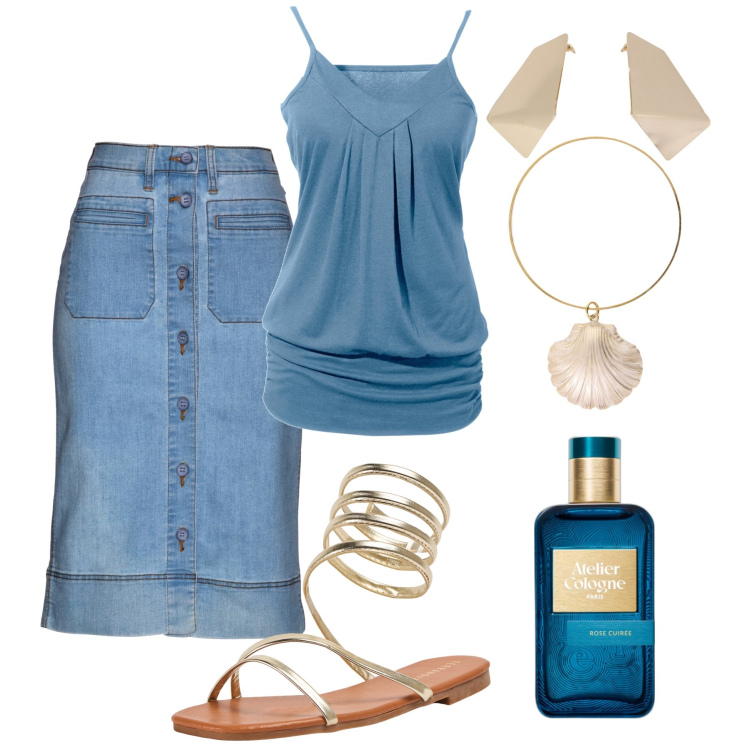 Outfit donna - Con la gonna in jeans. Stile Trendy per Tutti i giorni. Abbinamento con top, gonne, profumi, sandali, braccialetti, orecchini.
