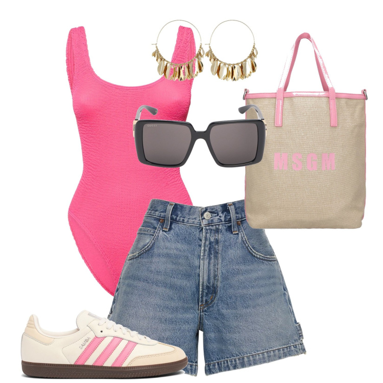 Outfit donna - Total look #1903400. Stile Casual per Mare. Abbinamento con shorts, shopping bag, costumi interi, orecchini, sneakers, occhiali da sole.