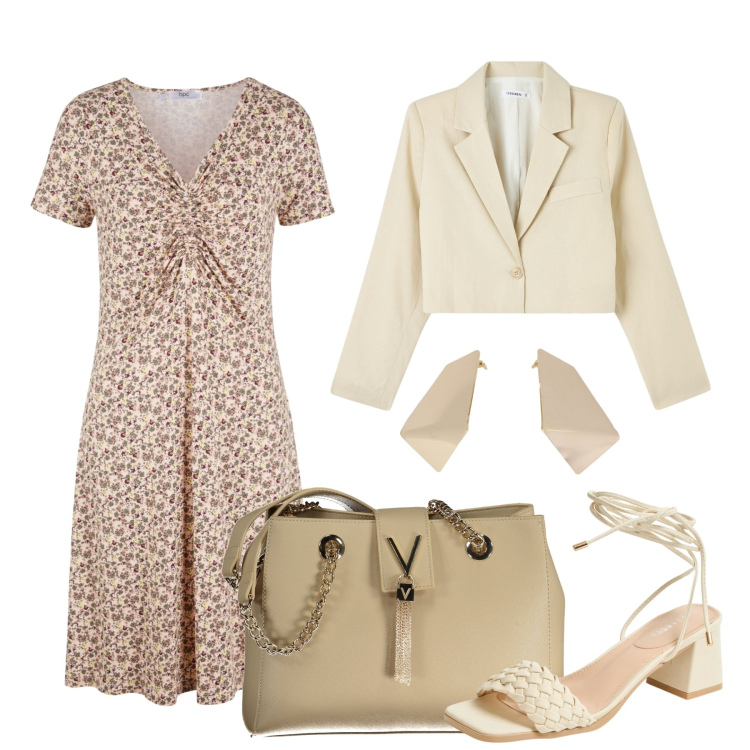 Outfit donna - Delicata con stile. Stile Minimal per Tutti i giorni. Abbinamento con vestiti midi/longuette, blazer, sandali alla schiava, orecchini, borse a spalla.