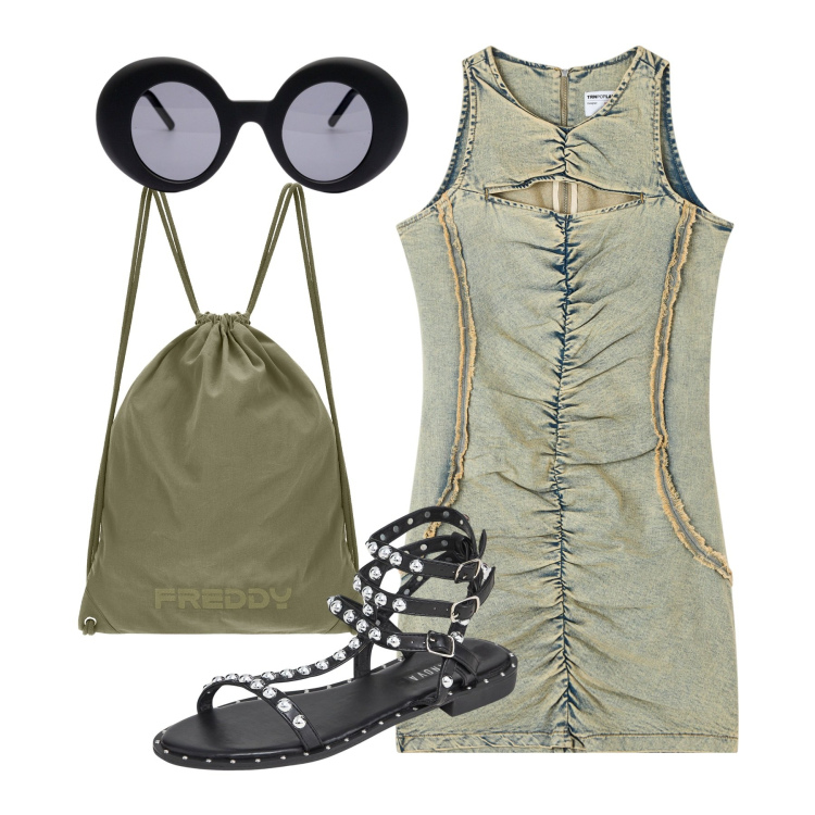Outfit donna - Stretch. Stile Urban per Tutti i giorni. Abbinamento con vestiti senza maniche, sandali, zaini, occhiali da sole.