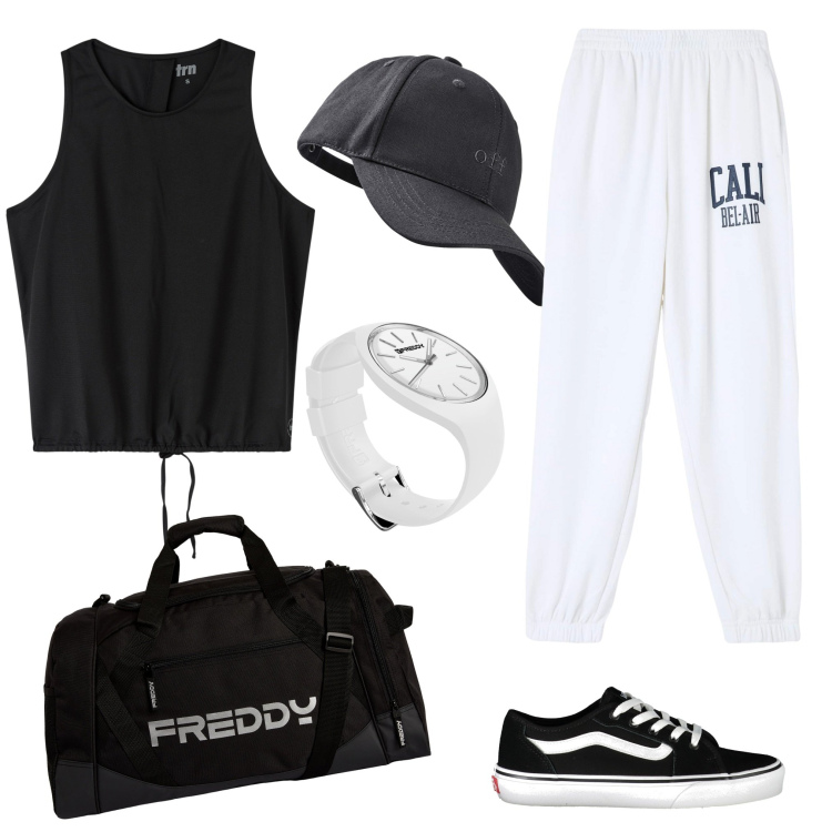 Outfit donna - Casual fitness. per Sport. Abbinamento con cappelli con visiera, pantaloni sportivi, top sportivi, borse sportive, orologi, scarpe sportive.