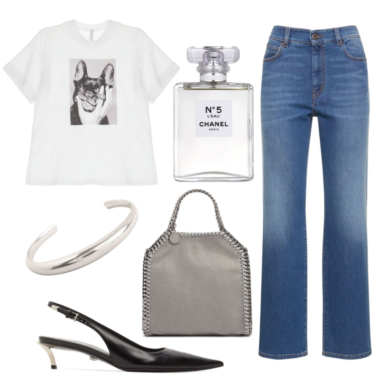 Outfit donna - Casual retro. Stile Casual chic per Tutti i giorni. Abbinamento con profumi, t-shirt, borse a spalla, jeans dritti, braccialetti, décolleté.