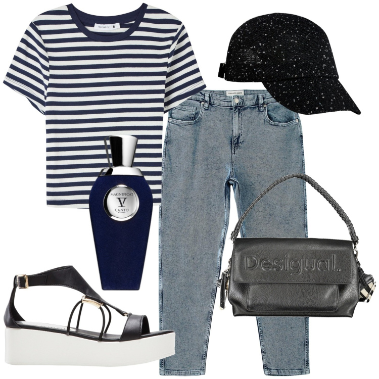 Outfit donna - Total look #1903433. Stile Casual per Tutti i giorni. Abbinamento con sandali col tacco, profumi, jeans mom, t-shirt, cappelli, borse a spalla.