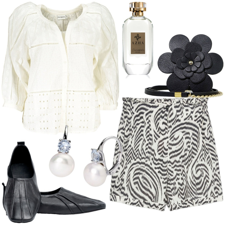 Outfit donna - ¹. Stile Casual per Tutti i giorni. Abbinamento con profumi, orecchini, cinture, camicie, pantaloni corti, ballerine.