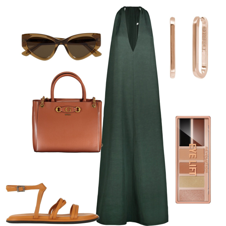 Outfit donna - Doppelganger. Stile Minimal per Tutti i giorni. Abbinamento con sandali in pelle, ombretti, orecchini, vestiti midi/longuette, occhiali da sole, borse a spalla.