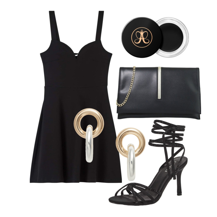 Outfit donna - Ghost outfitter - giugno. Stile Trendy per Serata fuori. Abbinamento con vestiti, sandali alla schiava, ombretti, pochette, orecchini.