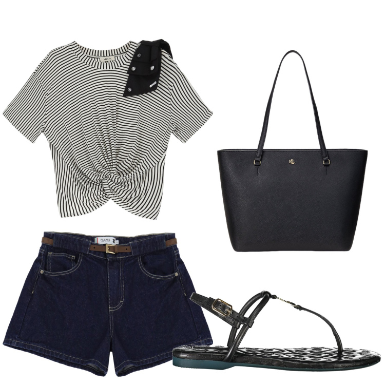 Outfit donna - Aperitivo. Stile Trendy per Tutti i giorni. Abbinamento con shorts, t-shirt, borse tote, ciabatte.