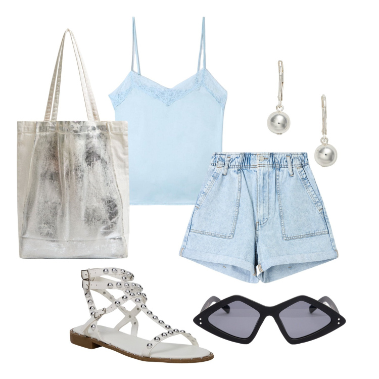 Outfit donna - Ghost outfitter - giugno. Stile Casual per Tutti i giorni. Abbinamento con shorts, sandali, shopping bag, canottiere, orecchini, occhiali da sole.