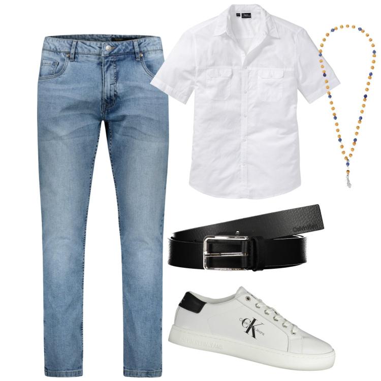 Outfit uomo - City. Stile Trendy per Tutti i giorni. Abbinamento con camicie a manica corta, collane, jeans, sneakers, cinture.