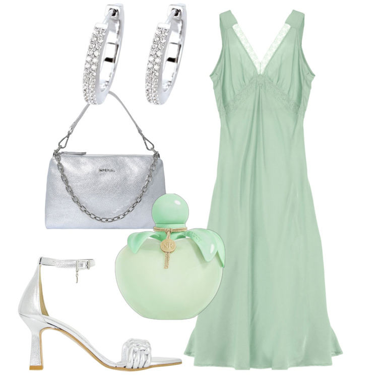 Outfit donna - Serata. Stile Trendy per Serata fuori. Abbinamento con profumi, orecchini, pochette, décolleté, vestiti midi/longuette.