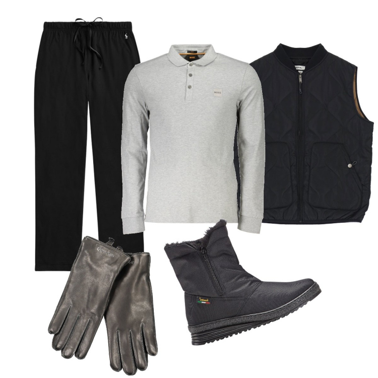 Outfit uomo - In moto. Stile Biker Rock per Tutti i giorni. Abbinamento con stivali e stivaletti, gilet, pantaloni, polo, guanti.