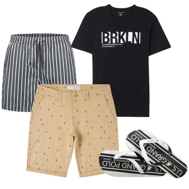 Outfit uomo - Mare. Stile Casual per Mare. Abbinamento con t-shirt, shorts, sandali, costumi.