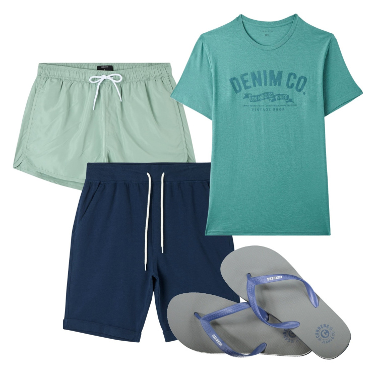 Outfit uomo - Mare. Stile Casual per Tutti i giorni. Abbinamento con costumi, shorts, t-shirt, sandali.