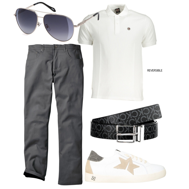 Outfit uomo - Total look. Stile Casual per Tutti i giorni. Abbinamento con pantaloni, sneakers, cinture, occhiali da sole, polo.