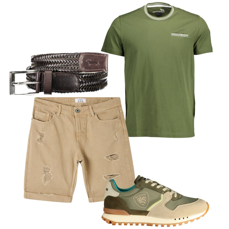 Outfit uomo - Total look. Stile Casual per Tutti i giorni. Abbinamento con bermuda, sneakers, t-shirt, cinture.