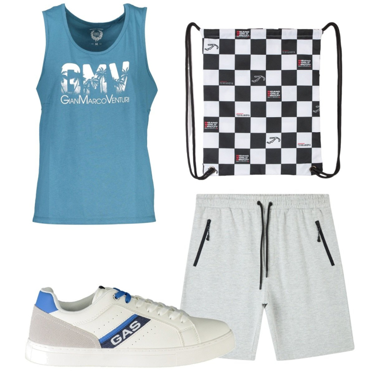 Outfit uomo - Total look #1903528. Stile Trendy per Sport. Abbinamento con borse sportive, pantaloncini sportivi, canottiere, sneakers.