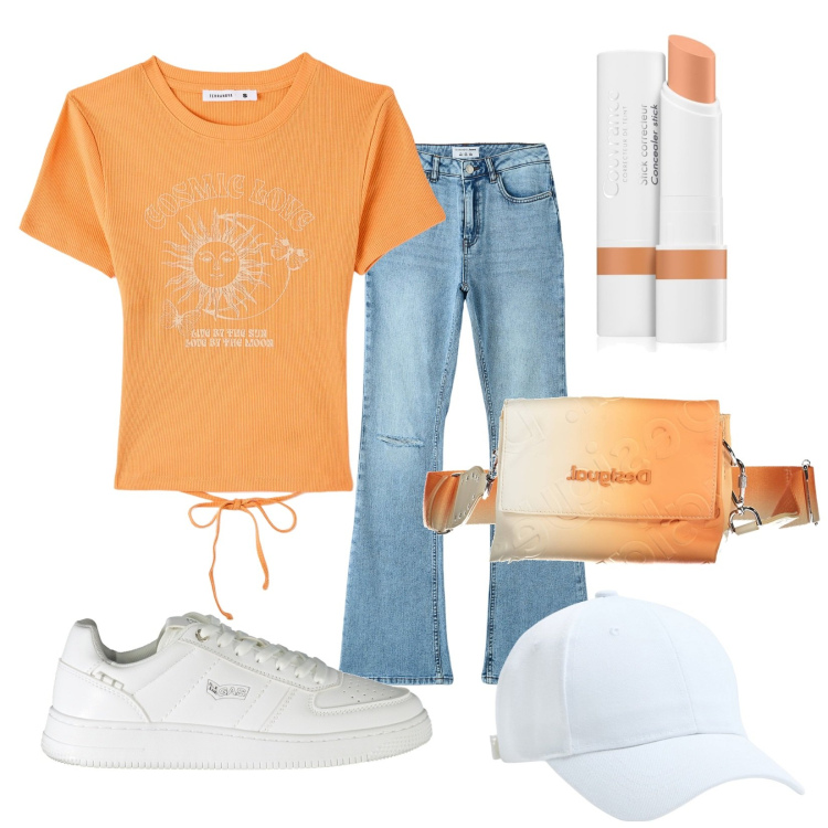 Outfit donna - Total look #1903536. Stile Urban per Tutti i giorni. Abbinamento con correttori, cappelli, t-shirt, jeans a zampa, borse a mano, sneakers.
