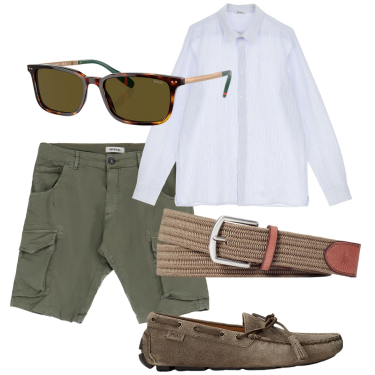 Outfit uomo - City. Stile Casual per Tutti i giorni. Abbinamento con camicie, bermuda, scarpe stringate, cinture, occhiali da sole.