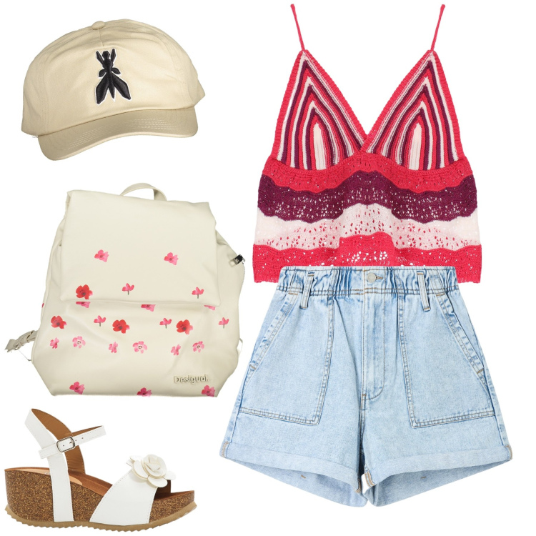 Outfit donna - Total look. Stile Casual chic per Tutti i giorni. Abbinamento con sandali, shorts, top, cappelli con visiera, zaini.