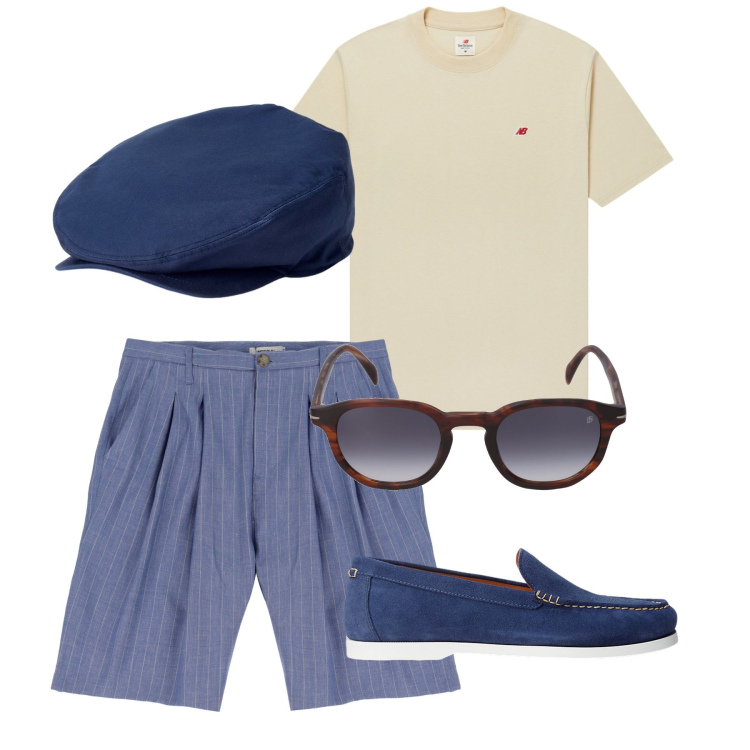 Outfit uomo - City. Stile Casual per Tutti i giorni. Abbinamento con t-shirt, bermuda, cappelli, scarpe stringate, occhiali da sole.