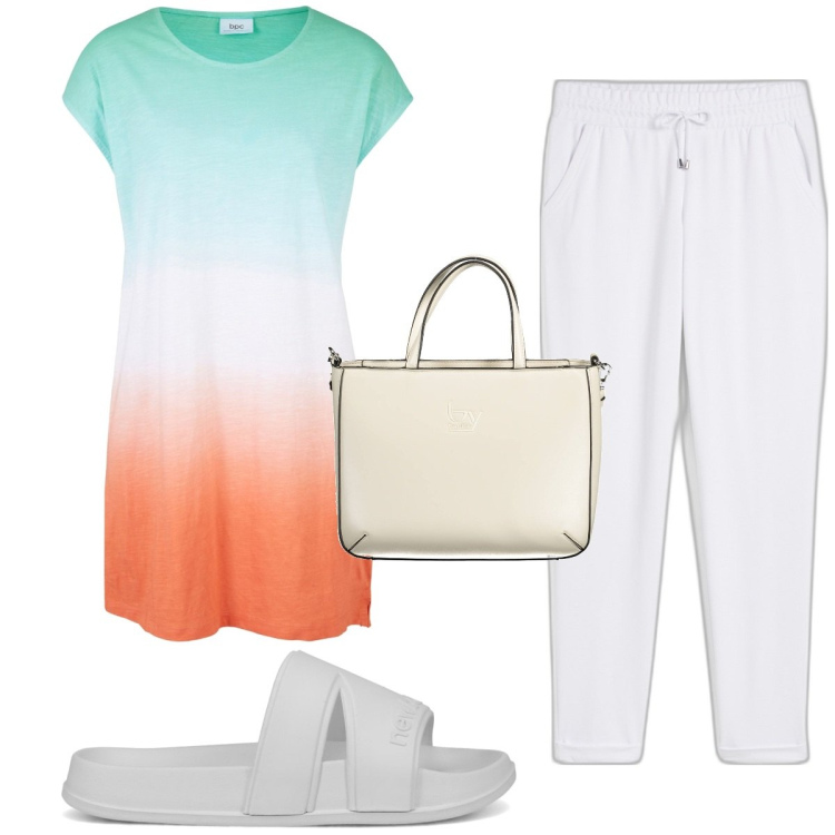 Outfit donna - Total look #1903547. Stile Minimal per Tutti i giorni. Abbinamento con pantaloni, t-shirt, sandali, borse a spalla.