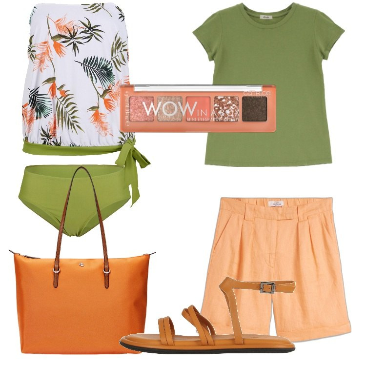 Outfit donna - Verde e arancione al mare. Stile Basic per Mare. Abbinamento con costumi interi, bermuda, sandali in pelle, ombretti, borse tote, t-shirt.